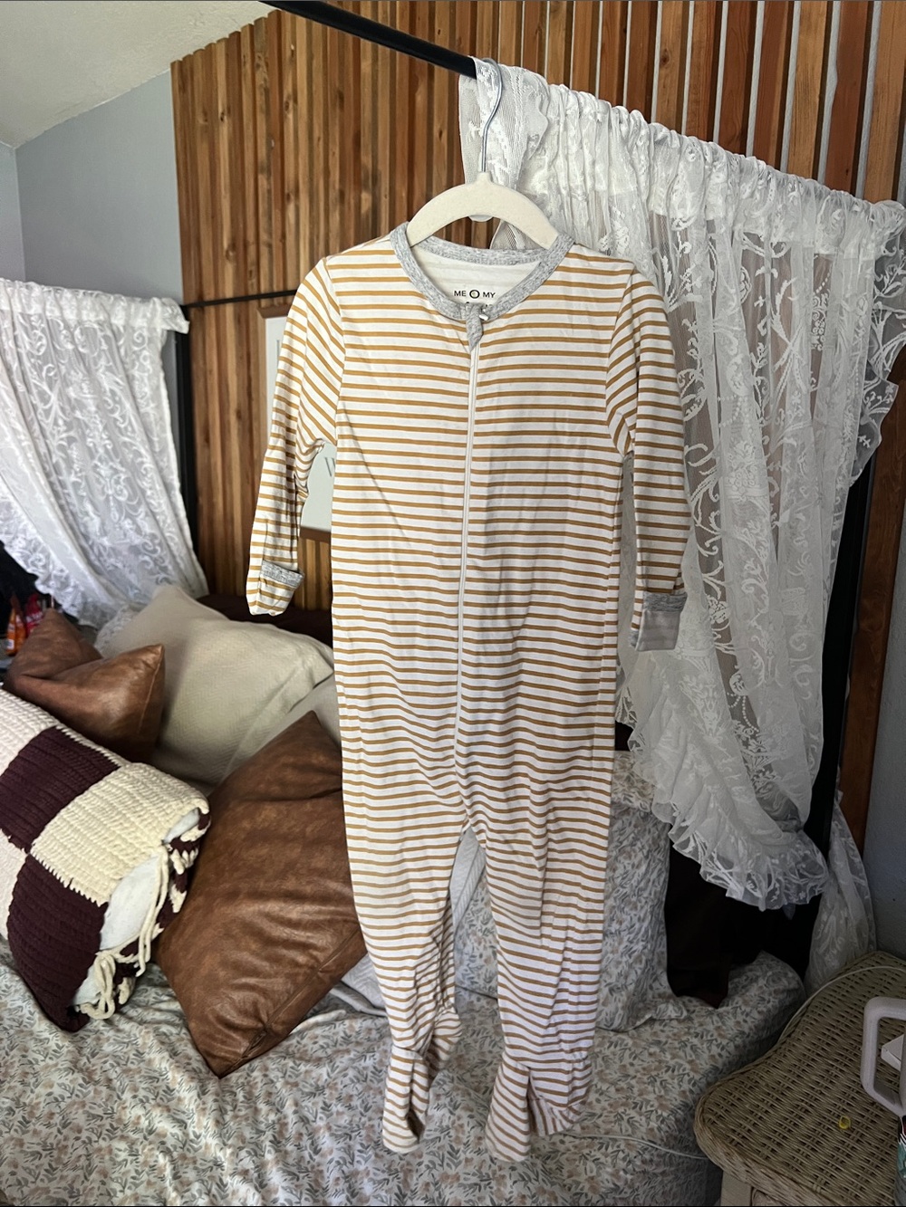 Striped Yellow & White Cotton Baby Footie One-Piece